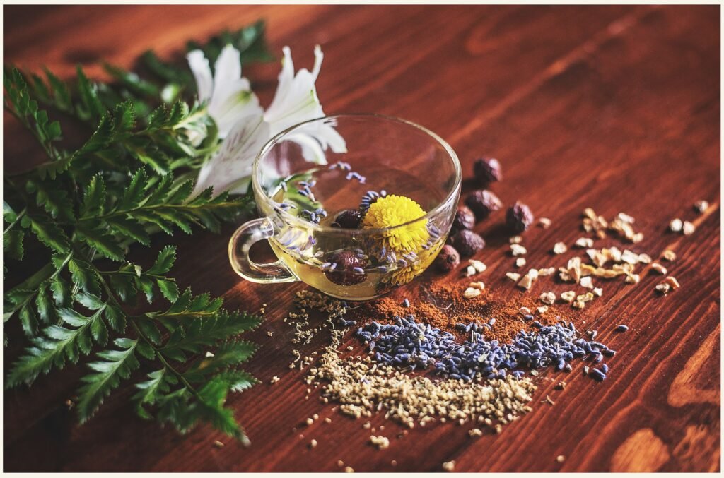 clear teacup with natural powders and leaves INNW