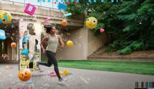 woman running away from giant phone INNW saucony