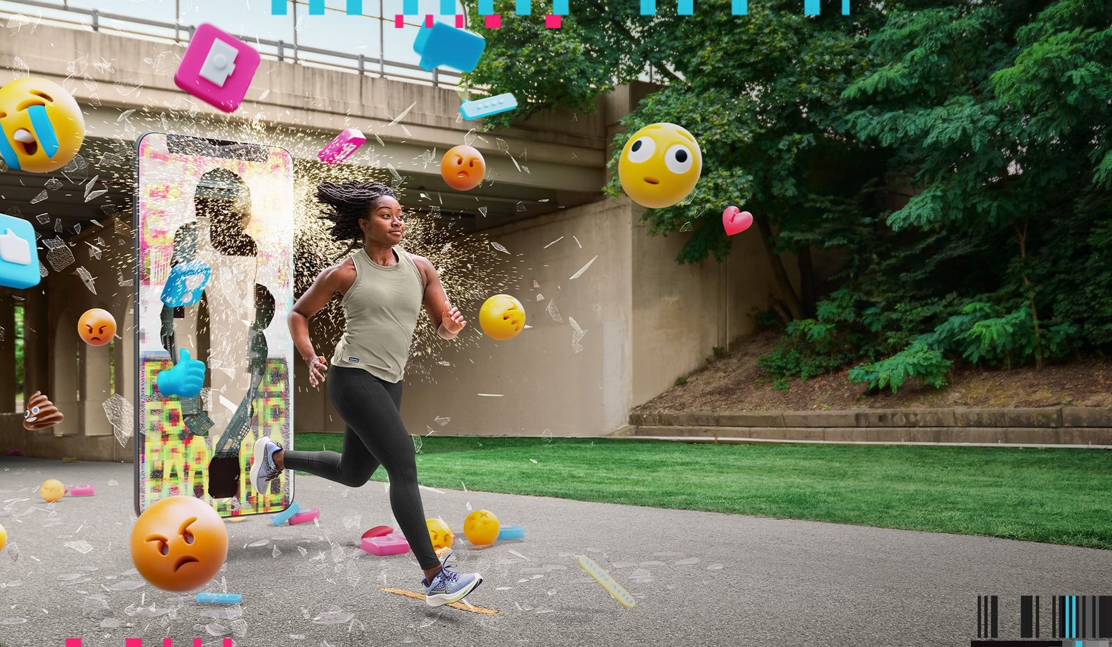 woman running away from giant phone INNW saucony